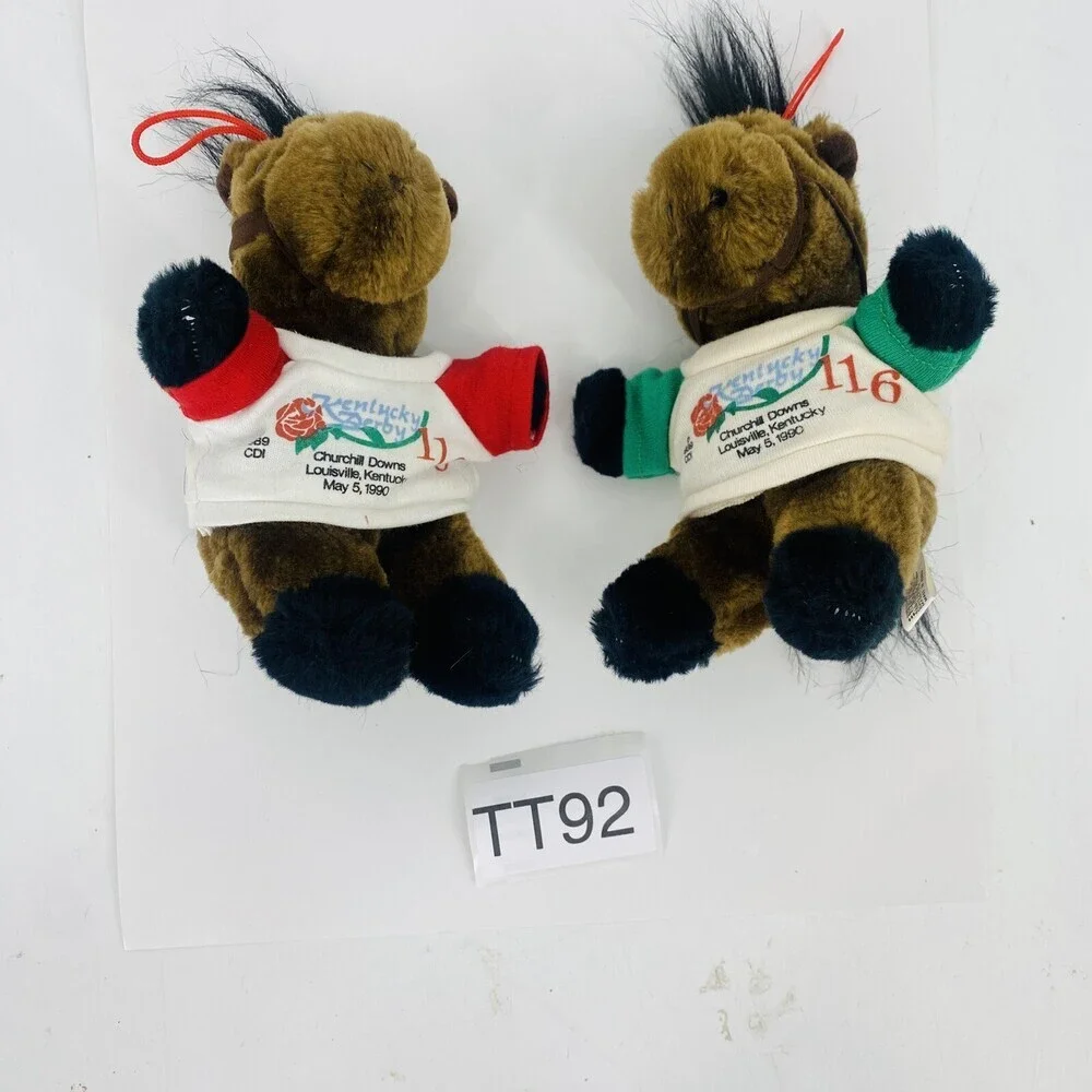 2- '90 Kentucky Derby Stuffed Horse Ornament Churchill Downs Souvenirs Red Green